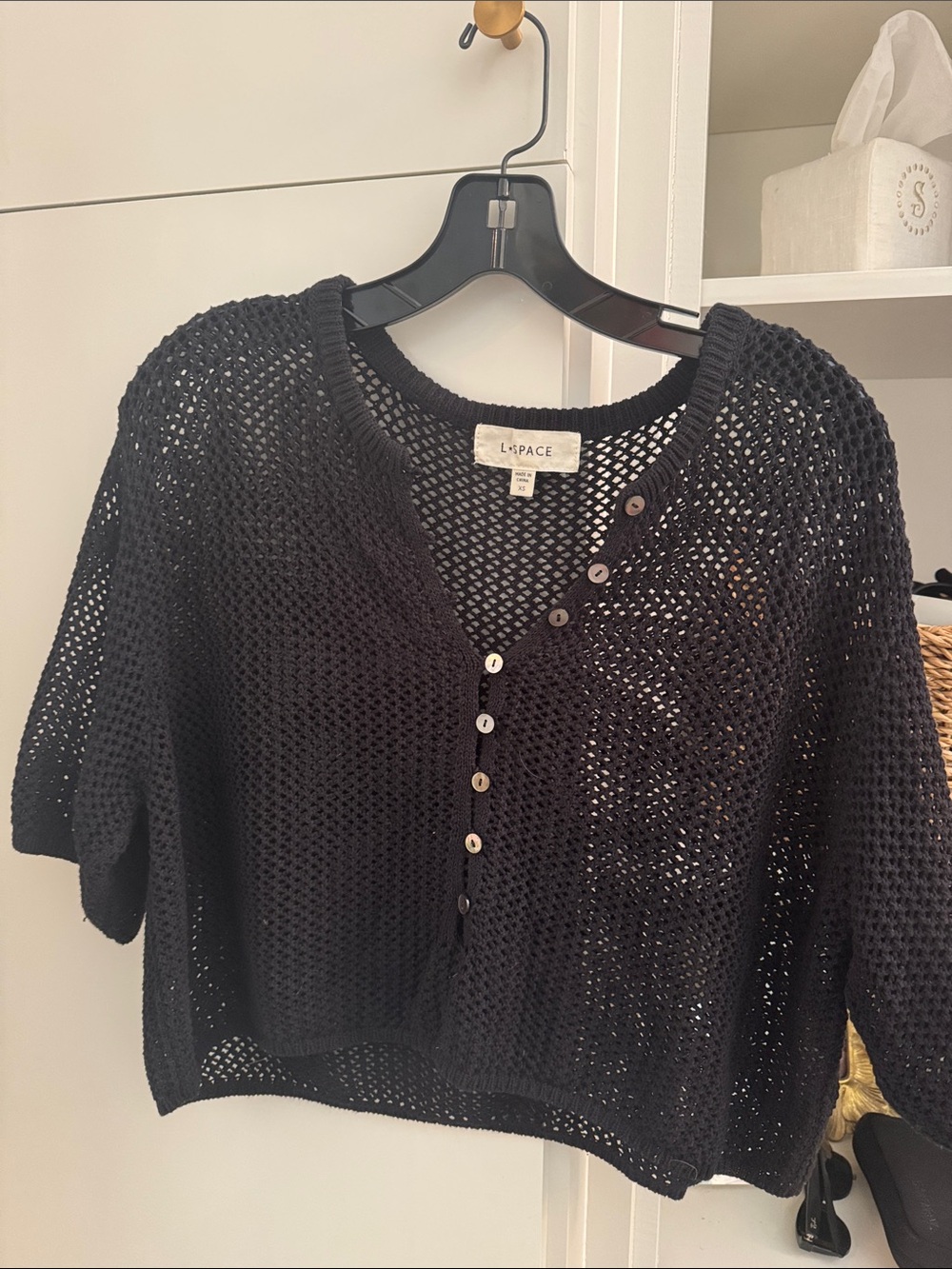 l*space Black Open-Knit V-Neck Button Cardigan Sweater